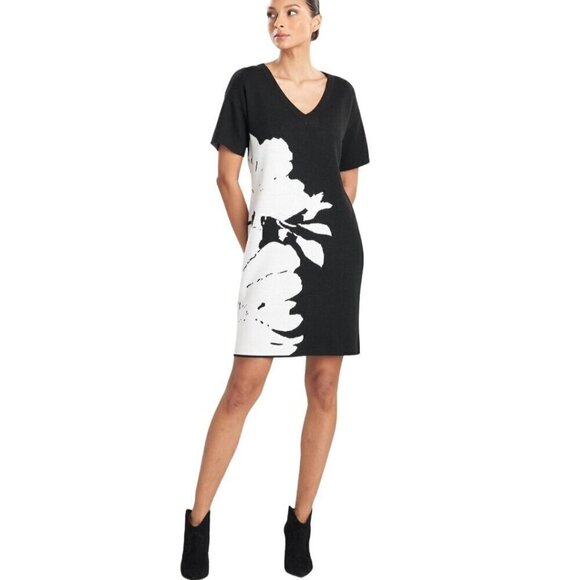 Natori Sayori Shadow Mandalay Dress Black White Knit Midi Size M - Picture 1 of 8